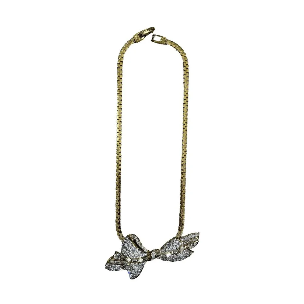 Vintage Style Yellow Gold-Tone Necklace w/Rhinestone Bow
